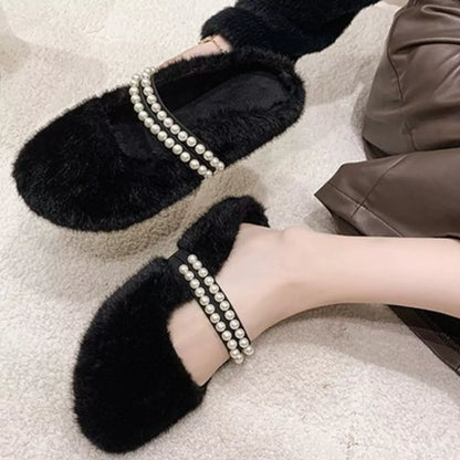 Pearl Embellished Plush Slippers