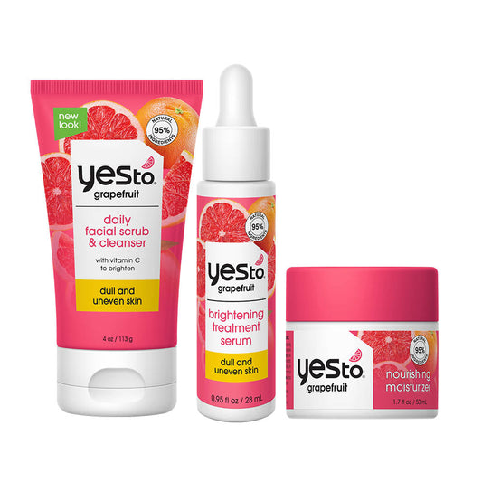 grapefruit brightening skincare set with vitamin C to brighten dull and uneven skin - scrub, serum, moisturizer
