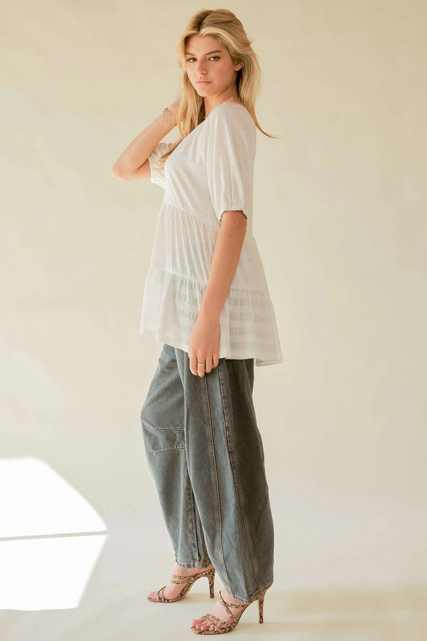Davi & Dani Ruffled Flared Short Sleeve V Neck Blouse