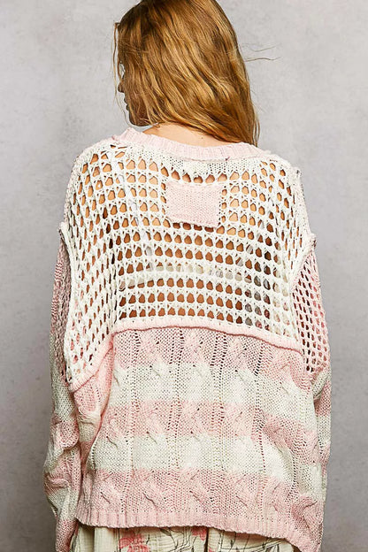 POL Color-Blocked Stripe Pattern Knit Top with Twisted Weave