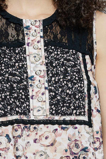 POL Printed Woven Lace Back Round Neck Sleeveless Top