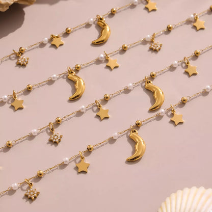 18K Gold-Plated Stainless Steel Zircon Star Moon Necklace