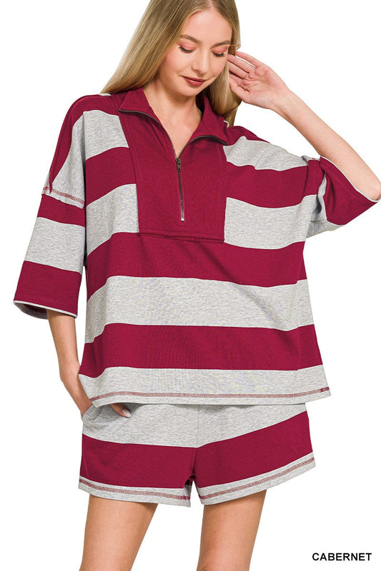 Zenana Frenchterry Striped Half Zip Top & Shorts Set