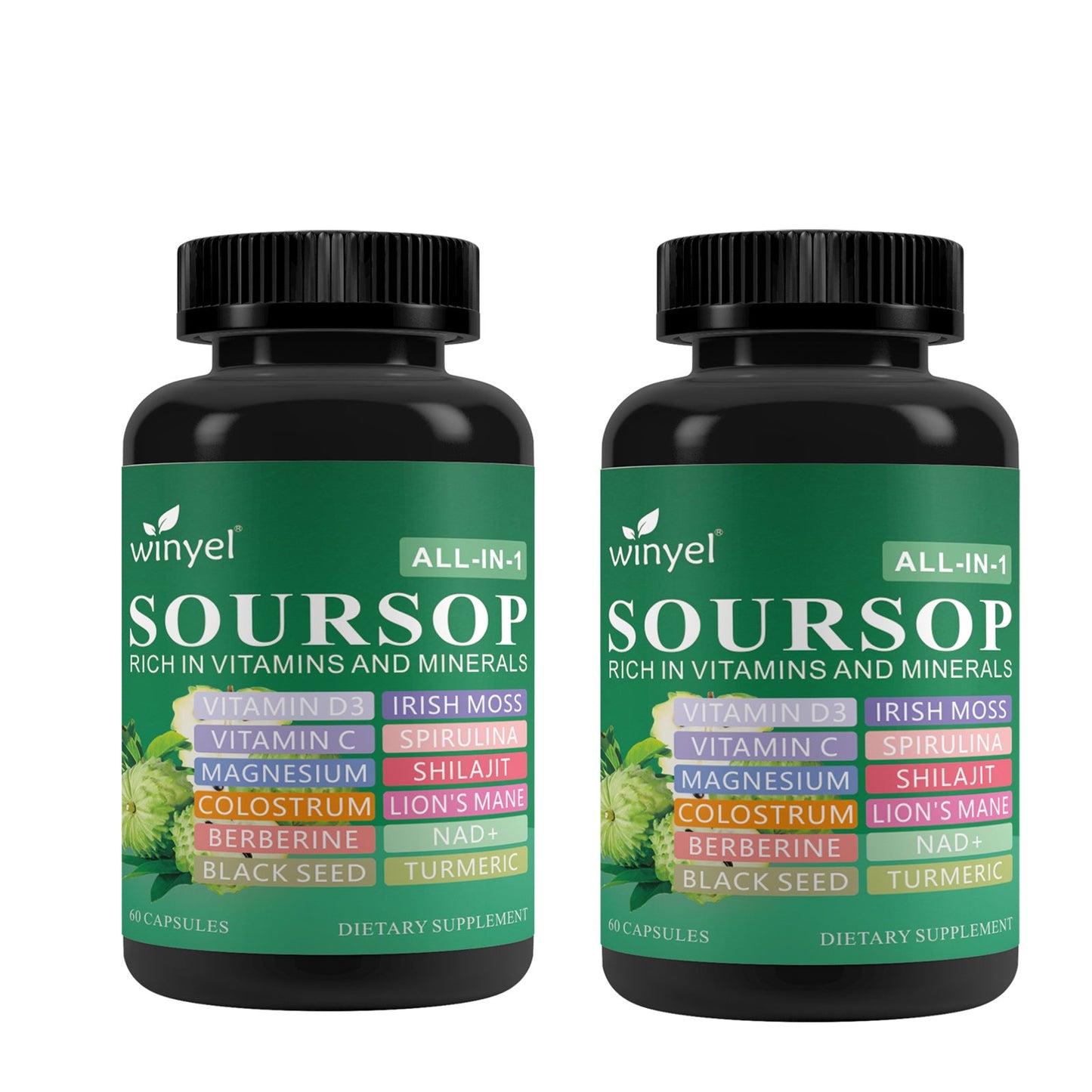 Soursop Supplement Containing 20 Herbal Extracts Including Seaweed, Lion's Mane Mushroom, Turmeric, Black Seed Oil, Oregano, And Mullein, Promoting Overall Health. Vegan, 60 Capsules.