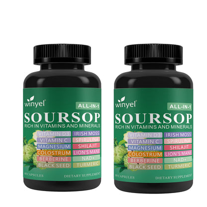 Soursop Supplement Containing 20 Herbal Extracts Including Seaweed, Lion's Mane Mushroom, Turmeric, Black Seed Oil, Oregano, And Mullein, Promoting Overall Health. Vegan, 60 Capsules.