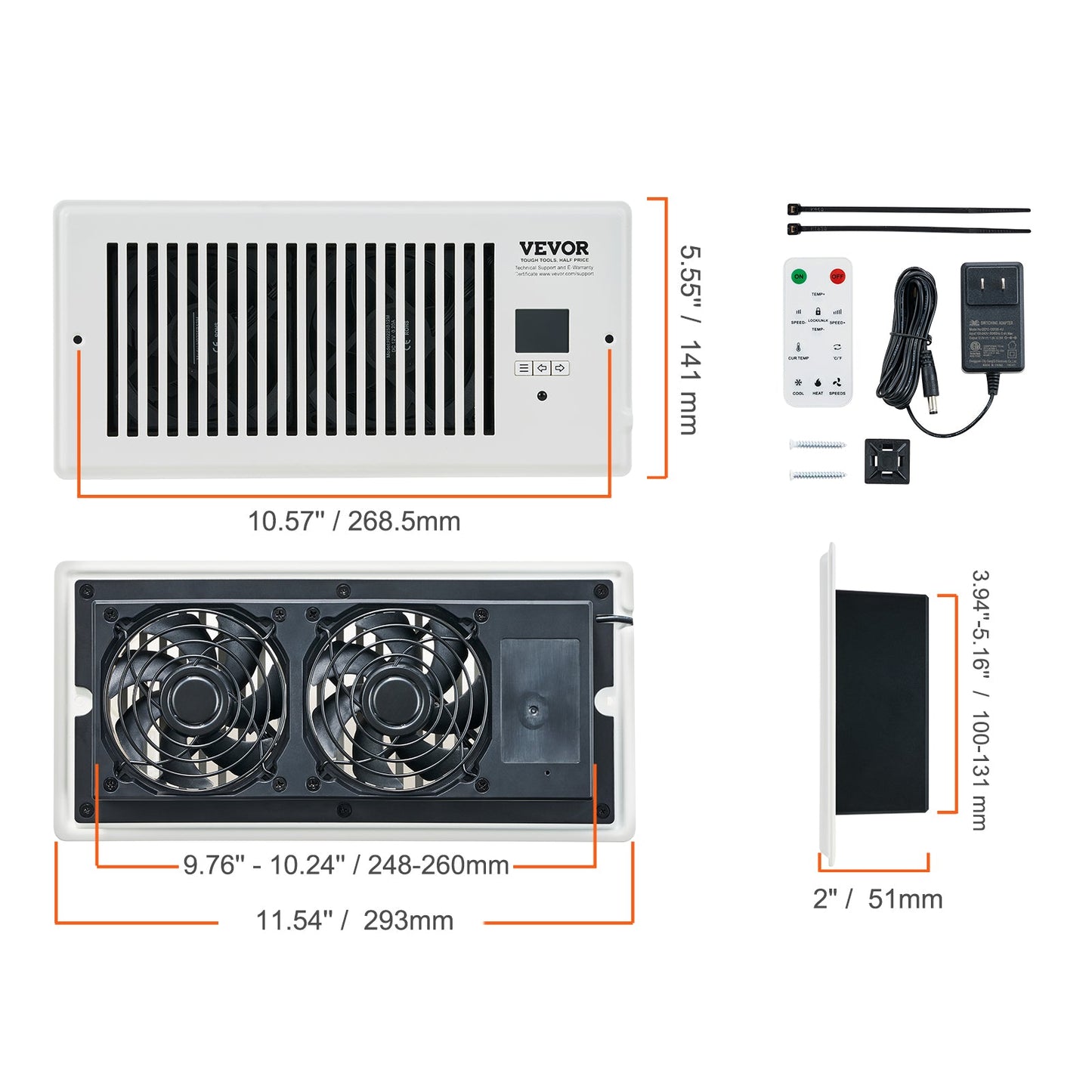 VEVOR Register Booster Fan, Quiet Vent Booster Fan Fits Register Holes, With Remote Control And Thermostat Control, Adjustable Speed For Heating Cooling Smart Vent, White