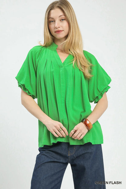 Umgee Linen V-Neck Flutter Sleeve Top