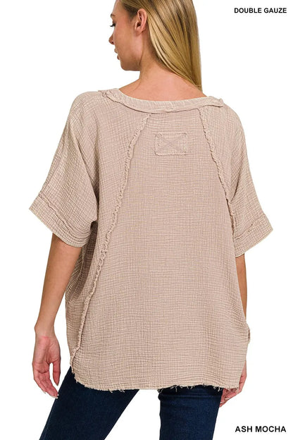 Zenana Washed Double Gauze Exposed Seam Short Sleeve Top