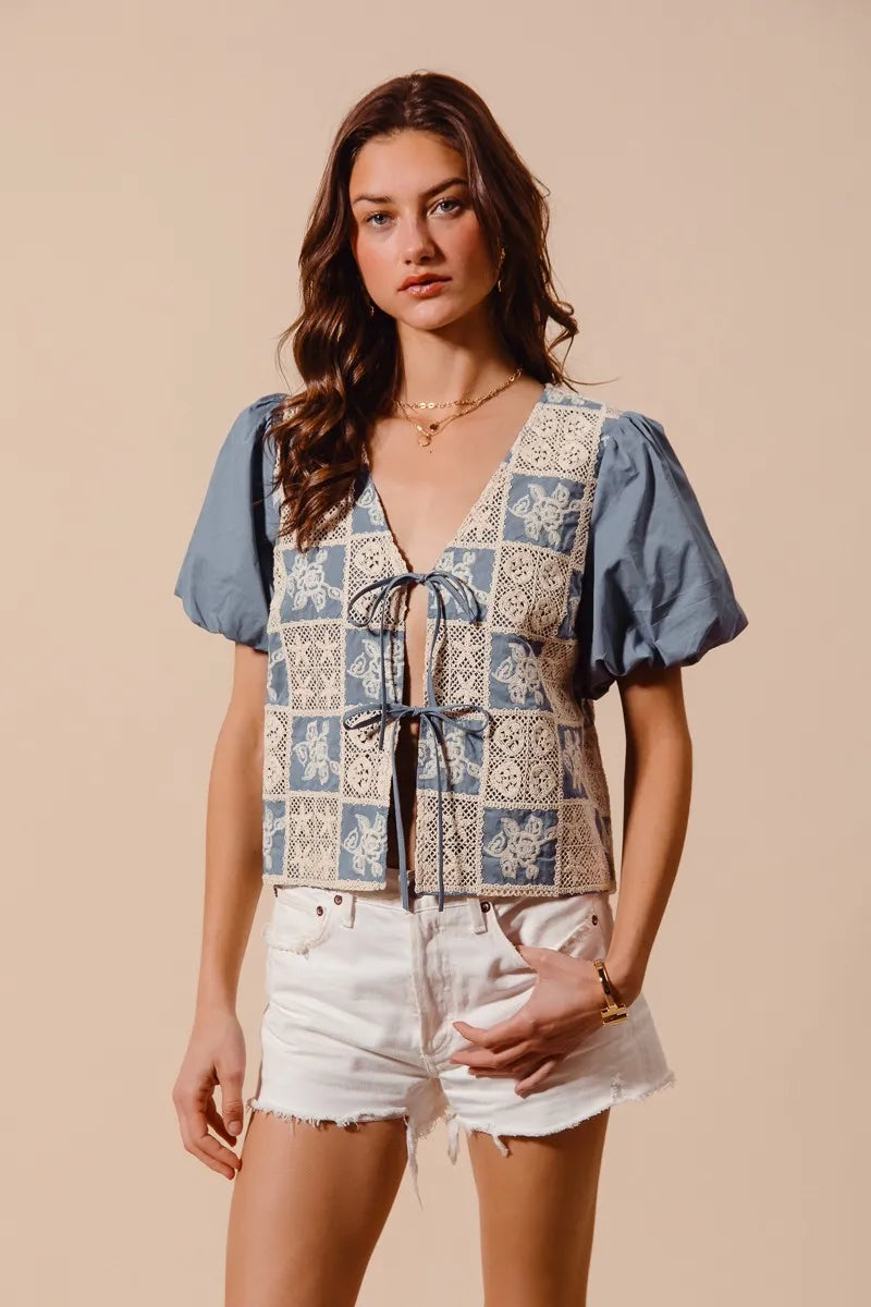 SO ME Crochet Lace Tie Front V Neck Blouse Top