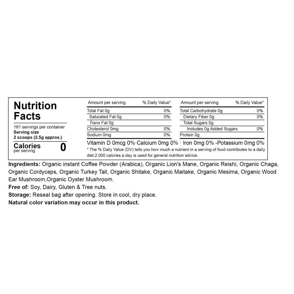 10in1 Mushroom Coffee Powder, Premium Arabica Instant Coffee Blend With Mane, Reishi, Chaga  8 Functional Mushrooms, Low Caffeine, Non GMO, FillerFree,1 LB