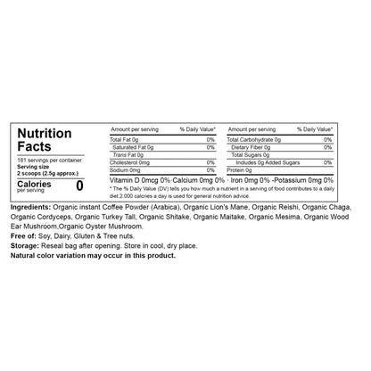 10in1 Mushroom Coffee Powder, Premium Arabica Instant Coffee Blend With Mane, Reishi, Chaga  8 Functional Mushrooms, Low Caffeine, Non GMO, FillerFree,1 LB