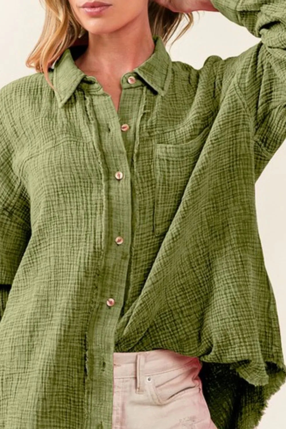 BiBi Raw Edge Detailed Mineral Washed Loose Fit Shirt