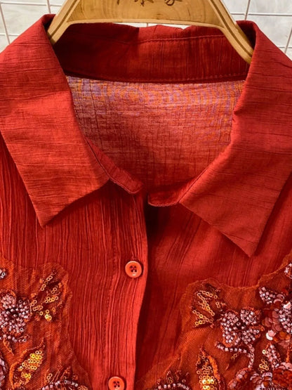 Sequin Flower Button Up Shirt and Cami Dress Set