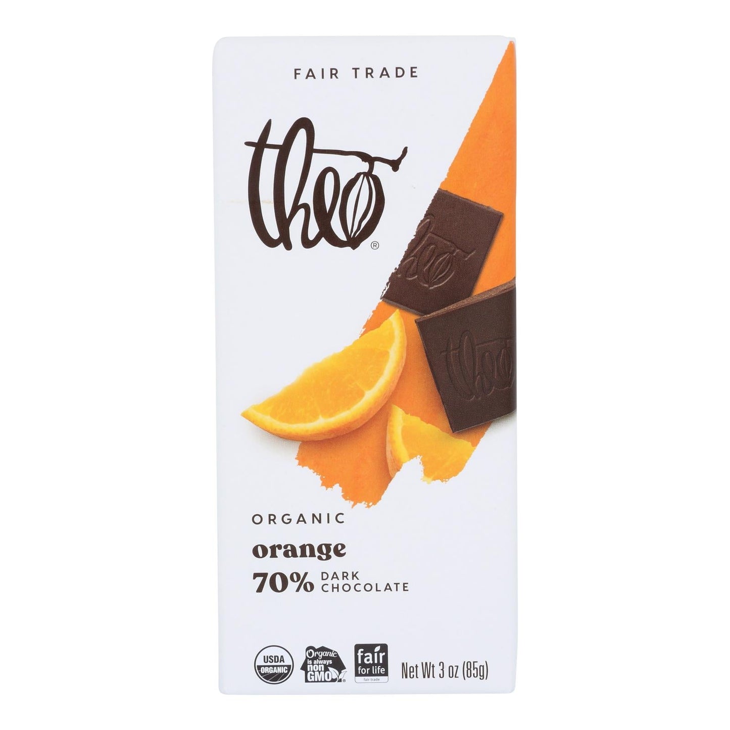 Theo Organic Dark Chocolate Bar, 70% Cacao Infused with Orange, 3oz Bar (12 Pack)