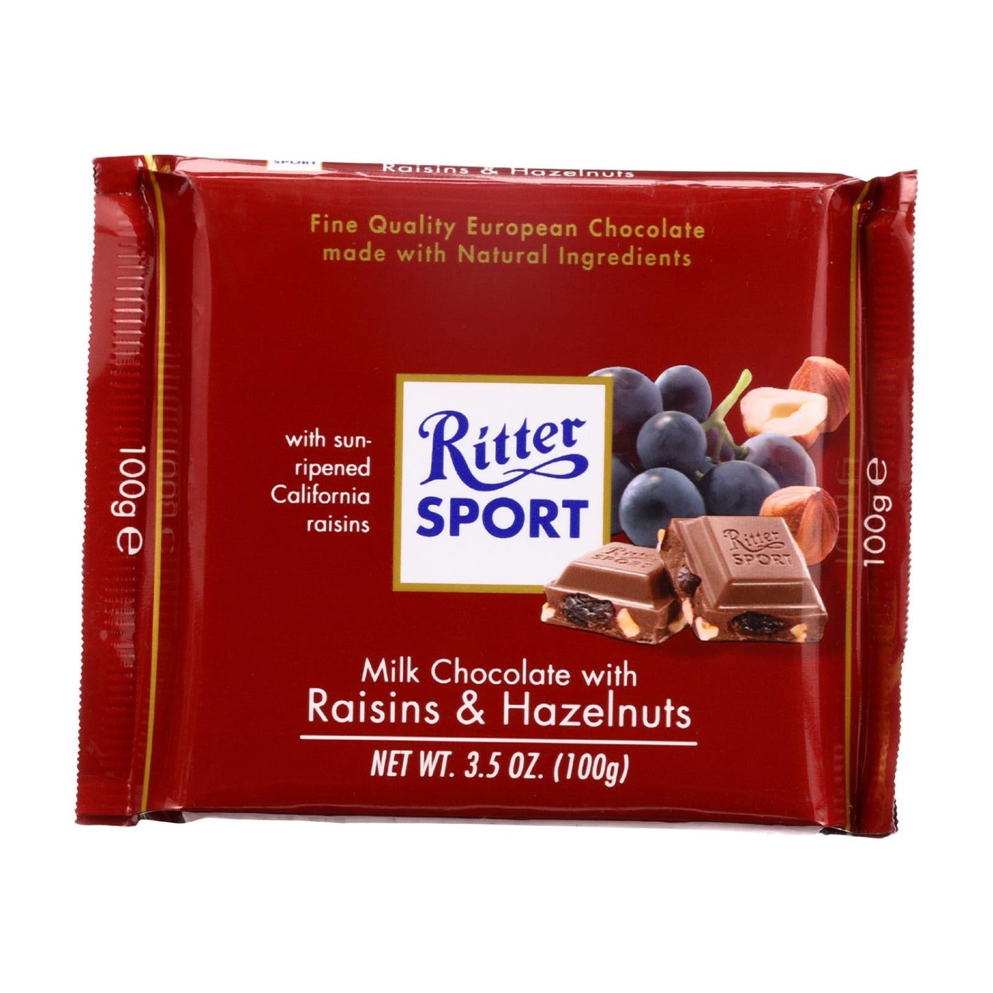 Ritter Sport Milk Chocolate Bar with Raisins & Hazelnuts, 3.5 Oz Bar (Pack of 12)