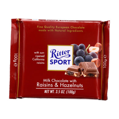 Ritter Sport Milk Chocolate Bar with Raisins & Hazelnuts, 3.5 Oz Bar (Pack of 12)
