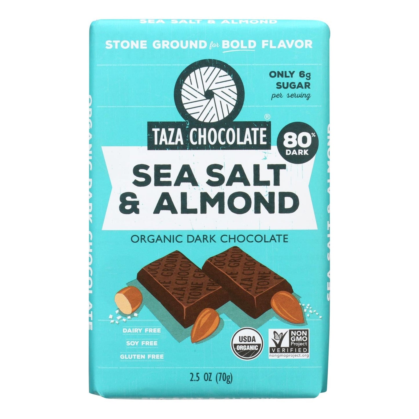 Taza Organic Sea Salt & Almond Dark Chocolate Bar, 2.5 Oz. (Case of 10)