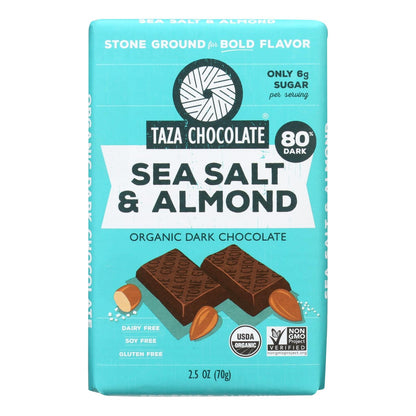 Taza Organic Sea Salt & Almond Dark Chocolate Bar, 2.5 Oz. (Case of 10)