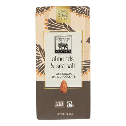 Endangered Species Sea Salt & Almonds Dark Chocolate Bar - 72% Cocoa, 3 Oz Bar (Case of 12)