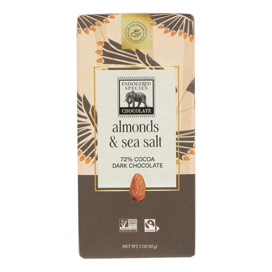 Endangered Species Sea Salt & Almonds Dark Chocolate Bar - 72% Cocoa, 3 Oz Bar (Case of 12)