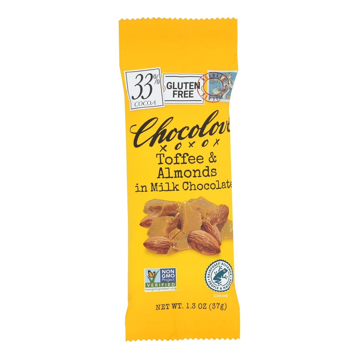Chocolove Xoxox Milk Chocolate Bar with Toffee & Almonds - 1.3oz Mini Bars - Pack of 12