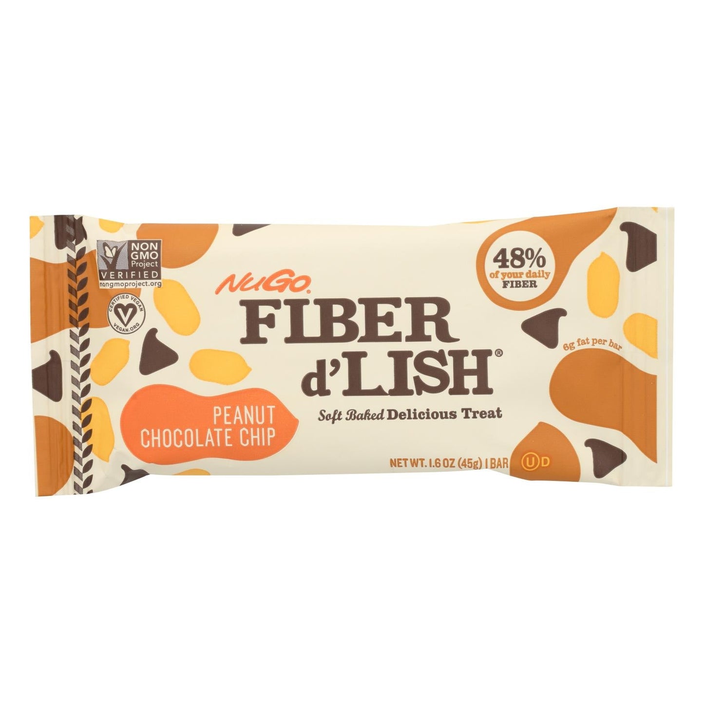 Nugo Fiber Dlish Peanut Chocolate Chip Bar - 1.6 Oz - Case of 16