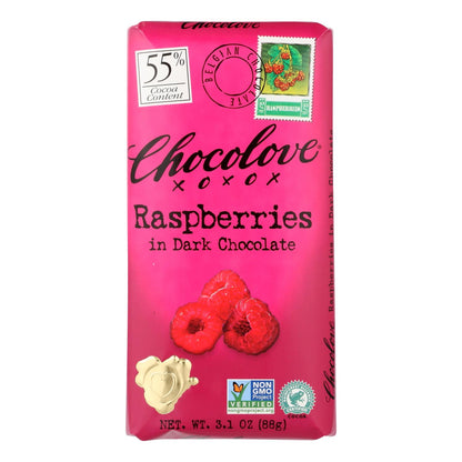 Chocolove XOXOX Premium Dark Chocolate Bars with Raspberries, 3.1 oz., Case of 12