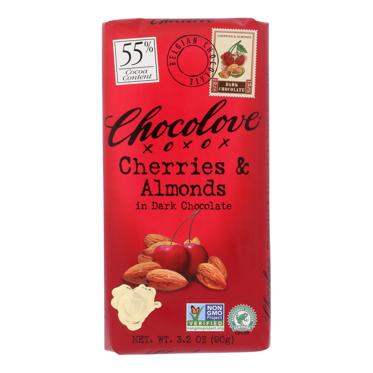 Chocolove Xoxox Premium Dark Chocolate Bar with Cherries & Almonds - 12x3.2 Oz Bar