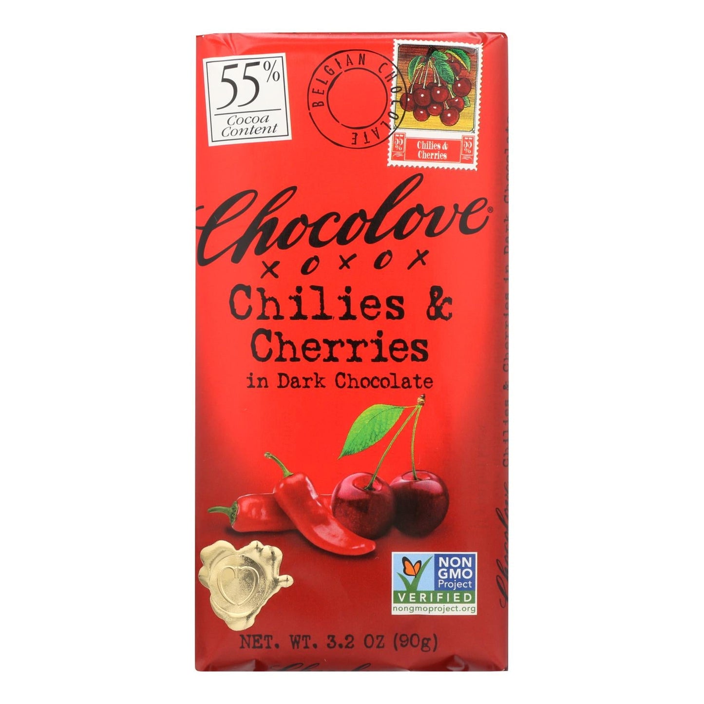 Chocolove XOXOX Dark Chocolate Bar, Chilies & Cherries, 3.2 oz, Pack of 12