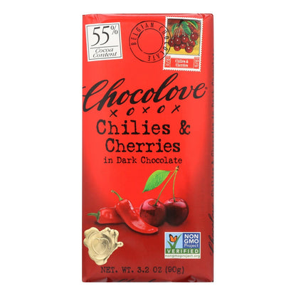 Chocolove XOXOX Dark Chocolate Bar, Chilies & Cherries, 3.2 oz, Pack of 12