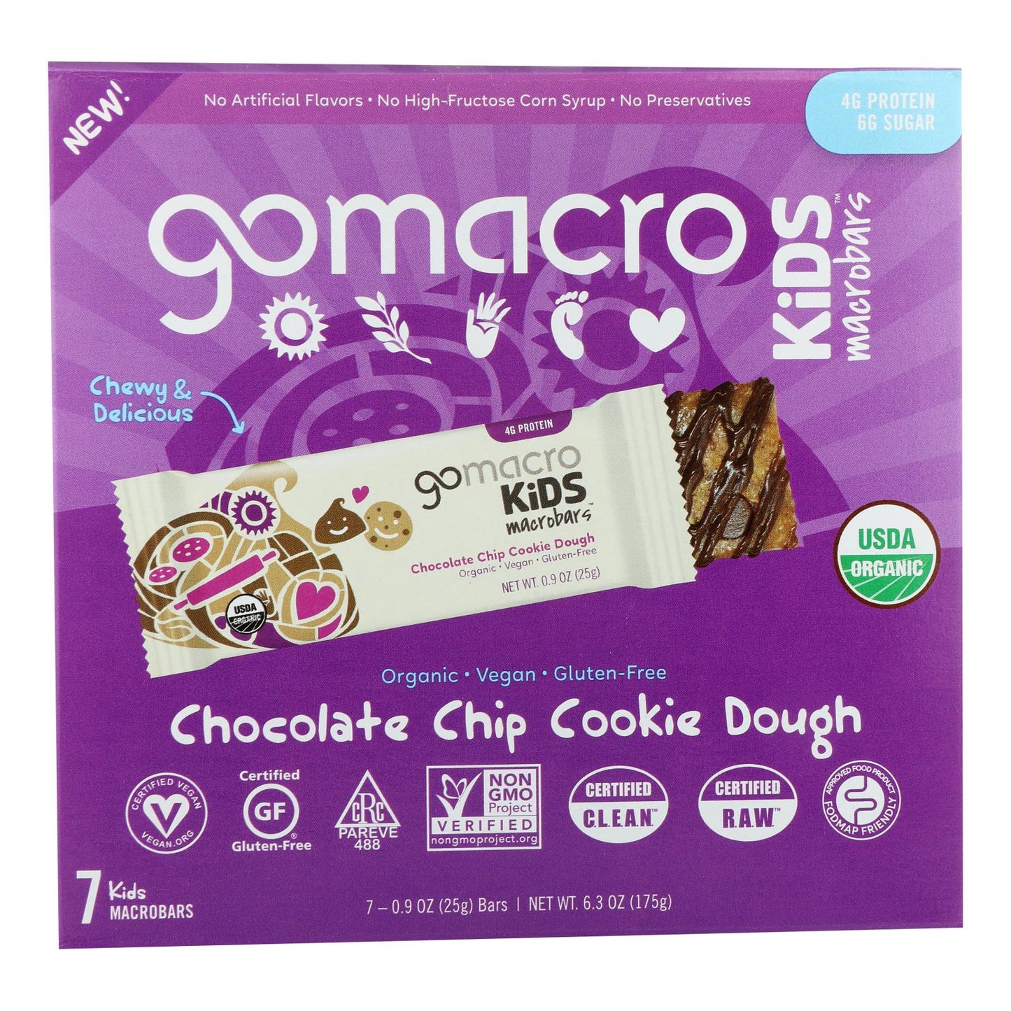Gomacro Kids Macrobar Chocolate Chip Cookie Dough, 6.3 Oz (Pack of 7)