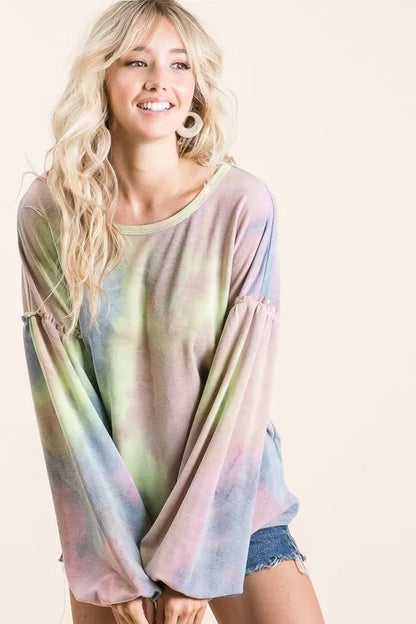 BiBi Tie Dye French Terry Sweatshirt With Bubble Sleeves