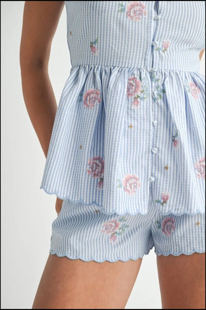 MABLE Stripe Embroidered Peplum Cami and Shorts Set