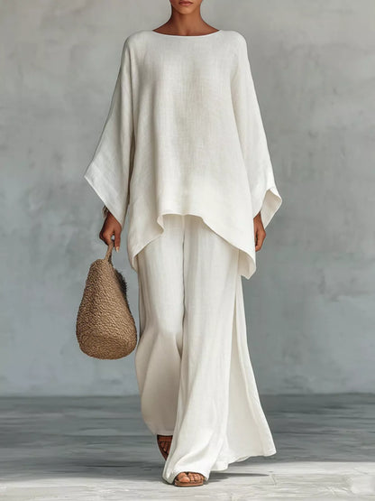 Solid Color Long Sleeve Top and Wide Leg Pants Set
