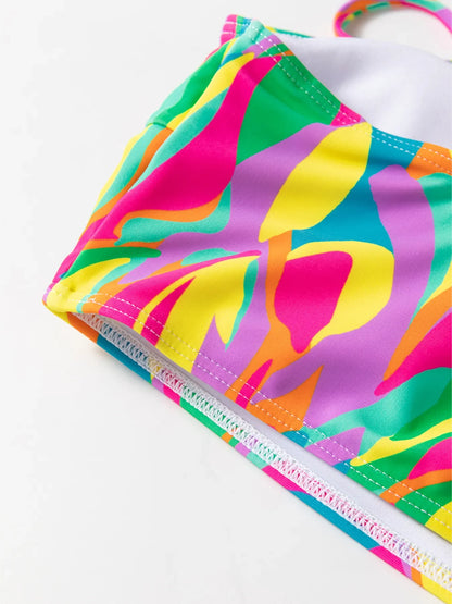 Multicolour Abstract Print Textured Spaghetti Strap High Waist Bikini Set