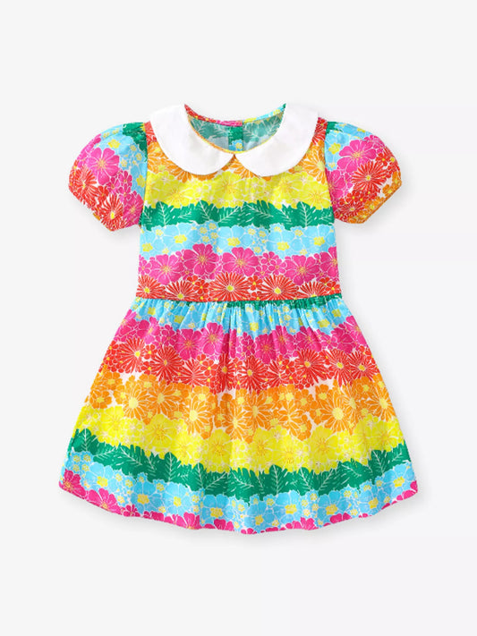Children's Rainbow Floral Print Peter Pan Collar Dress