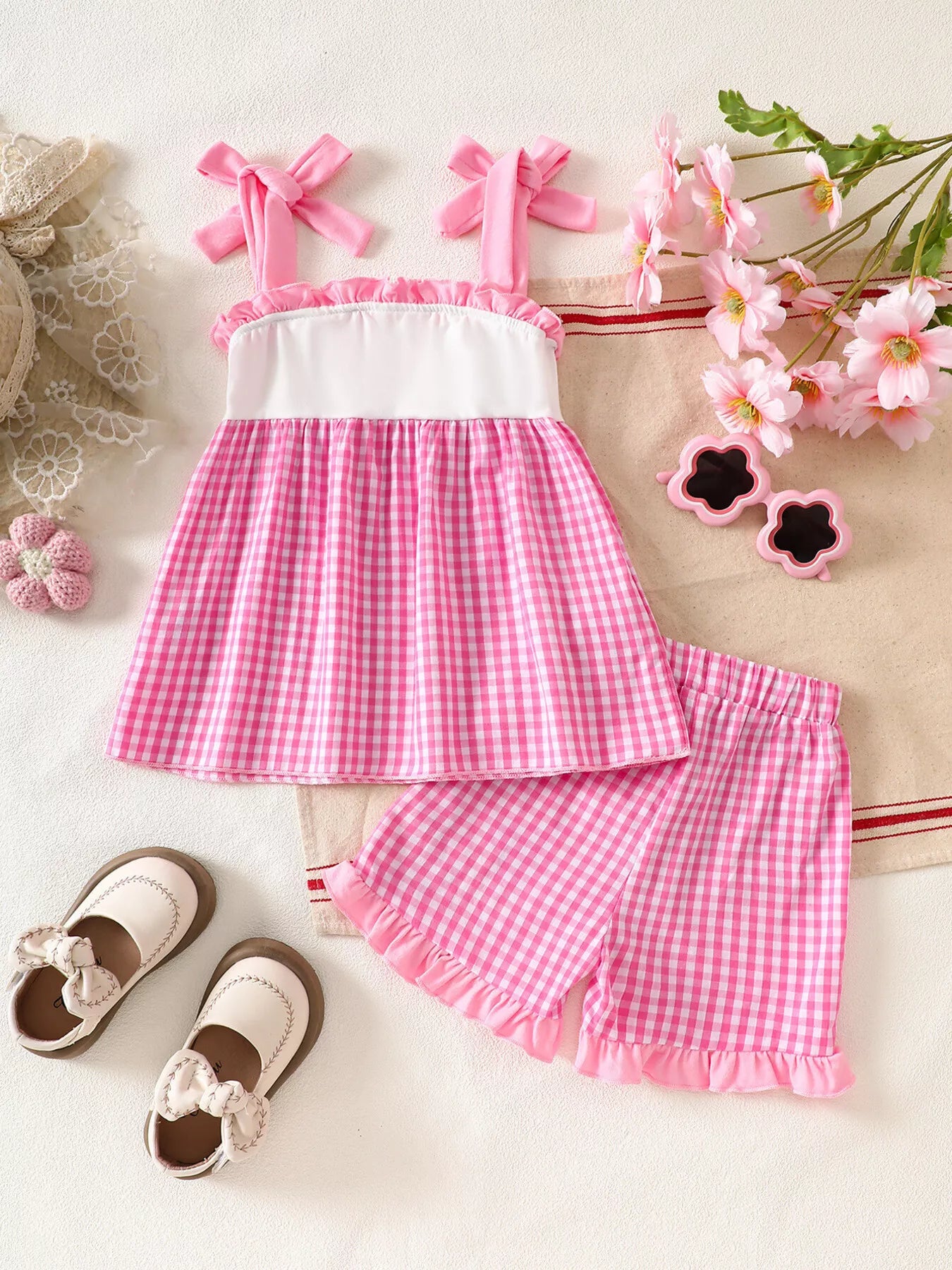 Children's Floral Applique Gingham Cami Top & Shorts Set