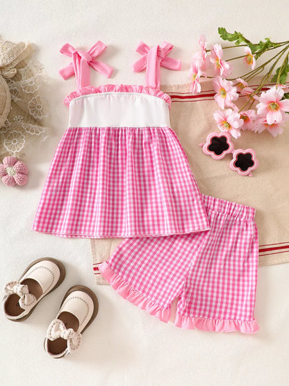 Children's Floral Applique Gingham Cami Top & Shorts Set
