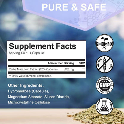 Yerba Mate Capsules  75mg Natural Caffeine Per Capsule  Natural Plant-Based Energy & Focus Support  Supports Mental Clarity & Digestive Wellness Gut Health  60 Capsules