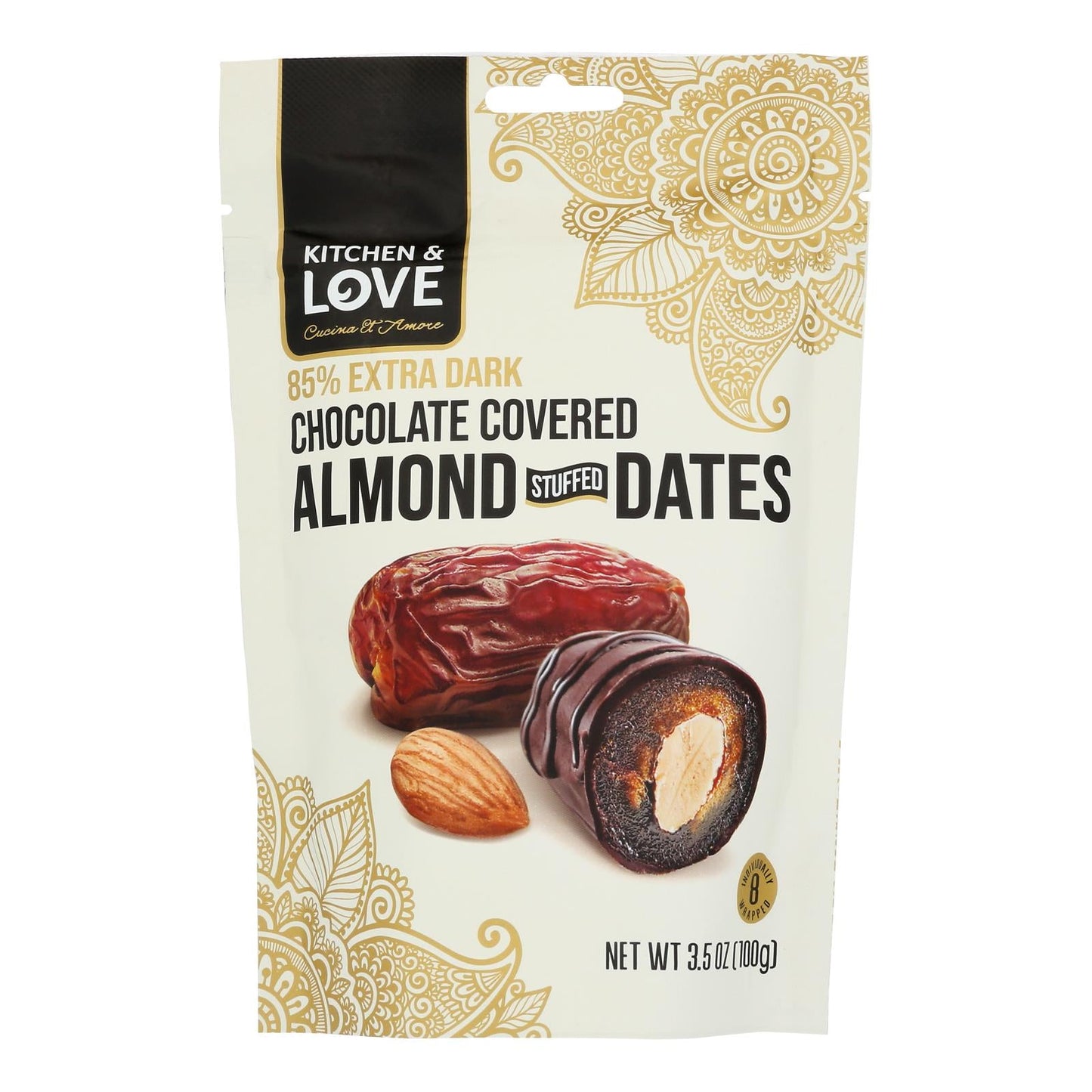Kitchen & Love Almond Stuffed Dates Dark Chocolate, 28 Oz (8-3.5 Oz)