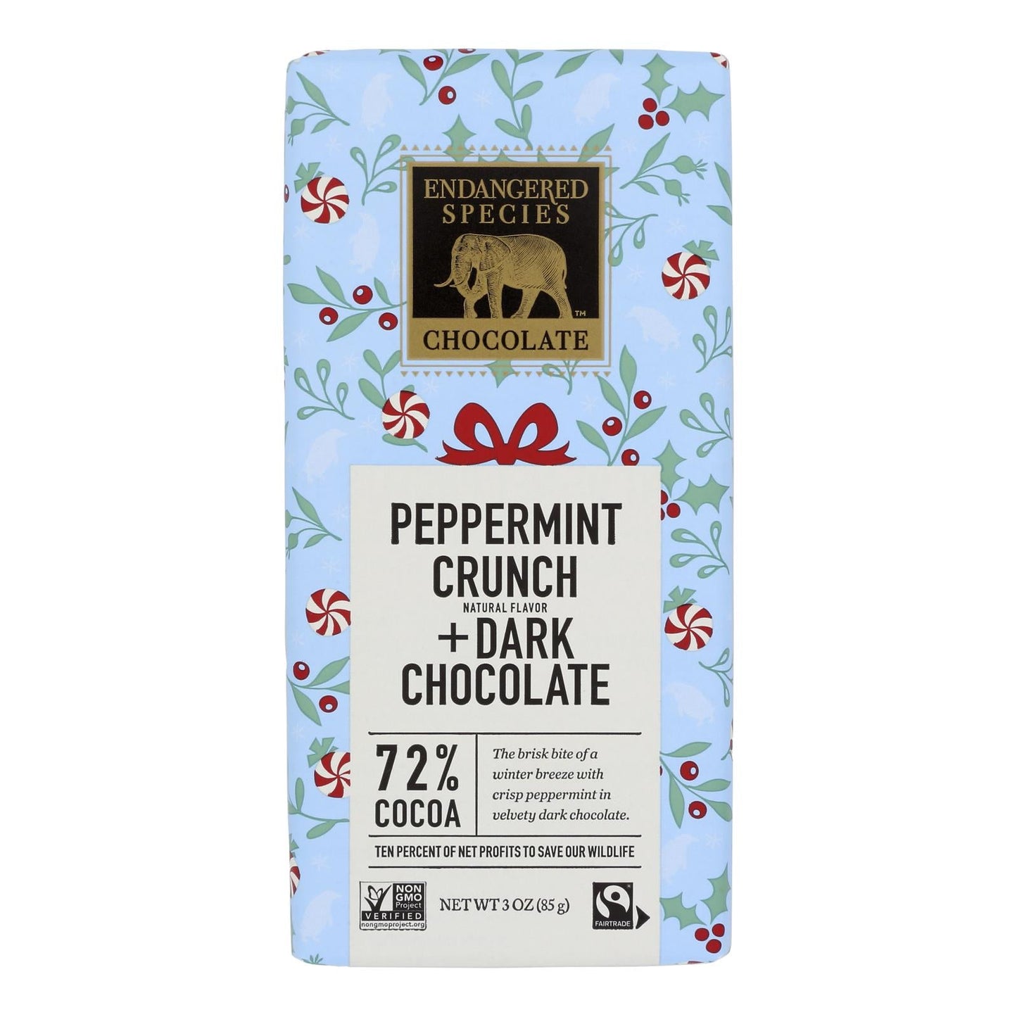 Endangered Species Chocolate Dark Chocolate Bar with Peppermint Crunch - 3oz, Case of 12