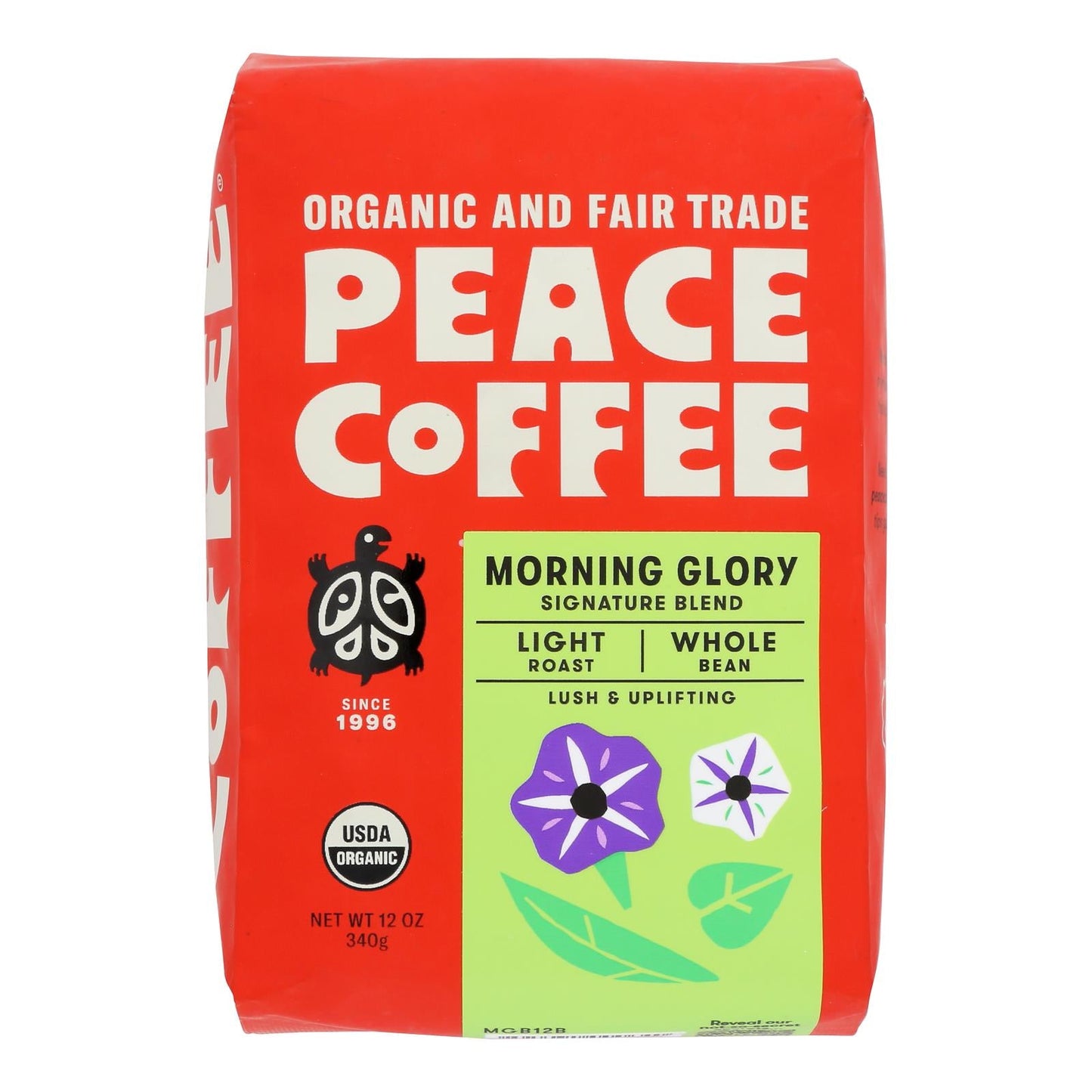 Peace Coffee Organic Whole Bean Morning Glory - 6 Pack x 12 Oz