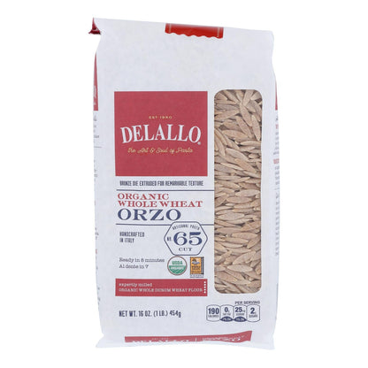 Delallo Organic Whole Wheat Number 65 Orzo Pasta, 16 oz.  (Case of 12)