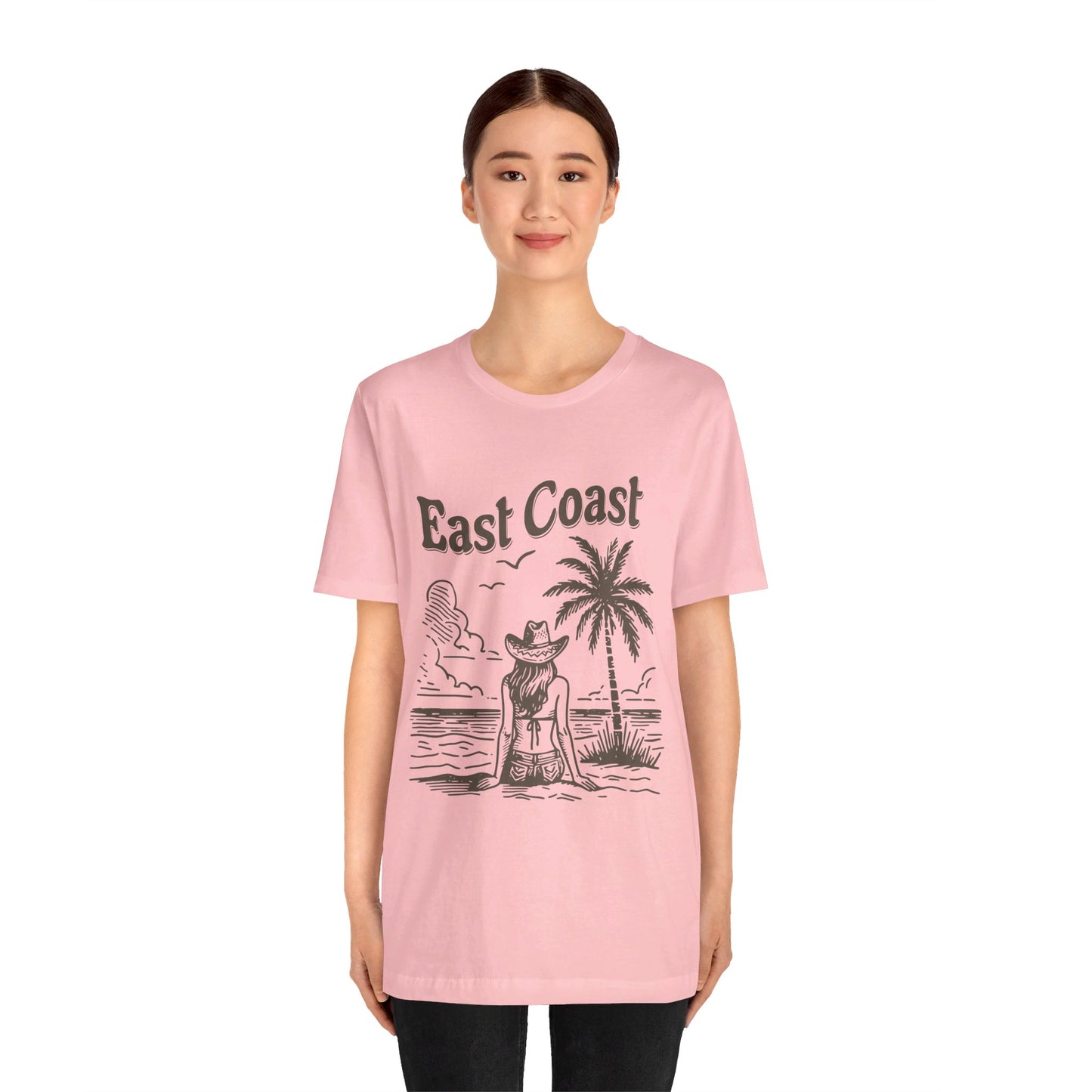 TS-038ML-24 women’s beach sketch shirt beach scene tee for women woman sitting on beach t-shirt beach lover shirt women’s coastal Art graphic tee