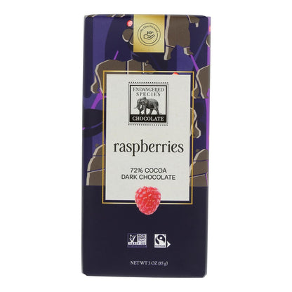 Endangered Species Natural Chocolate Bars - 72% Dark Cocoa, Raspberries - 3 Oz Bars, Case of 12