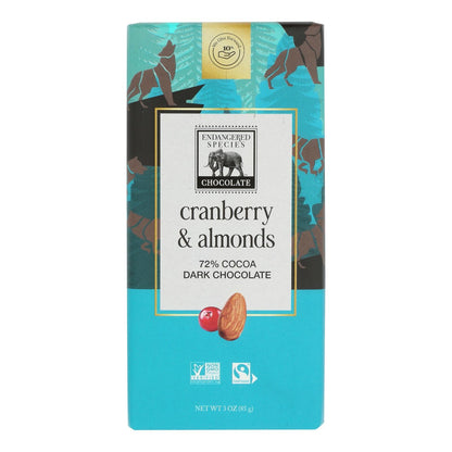 Endangered Species Dark Chocolate Bar - 72% Cocoa - Cranberries and Almonds - 3 Oz - Case of 12, Natural Chocolate Bars