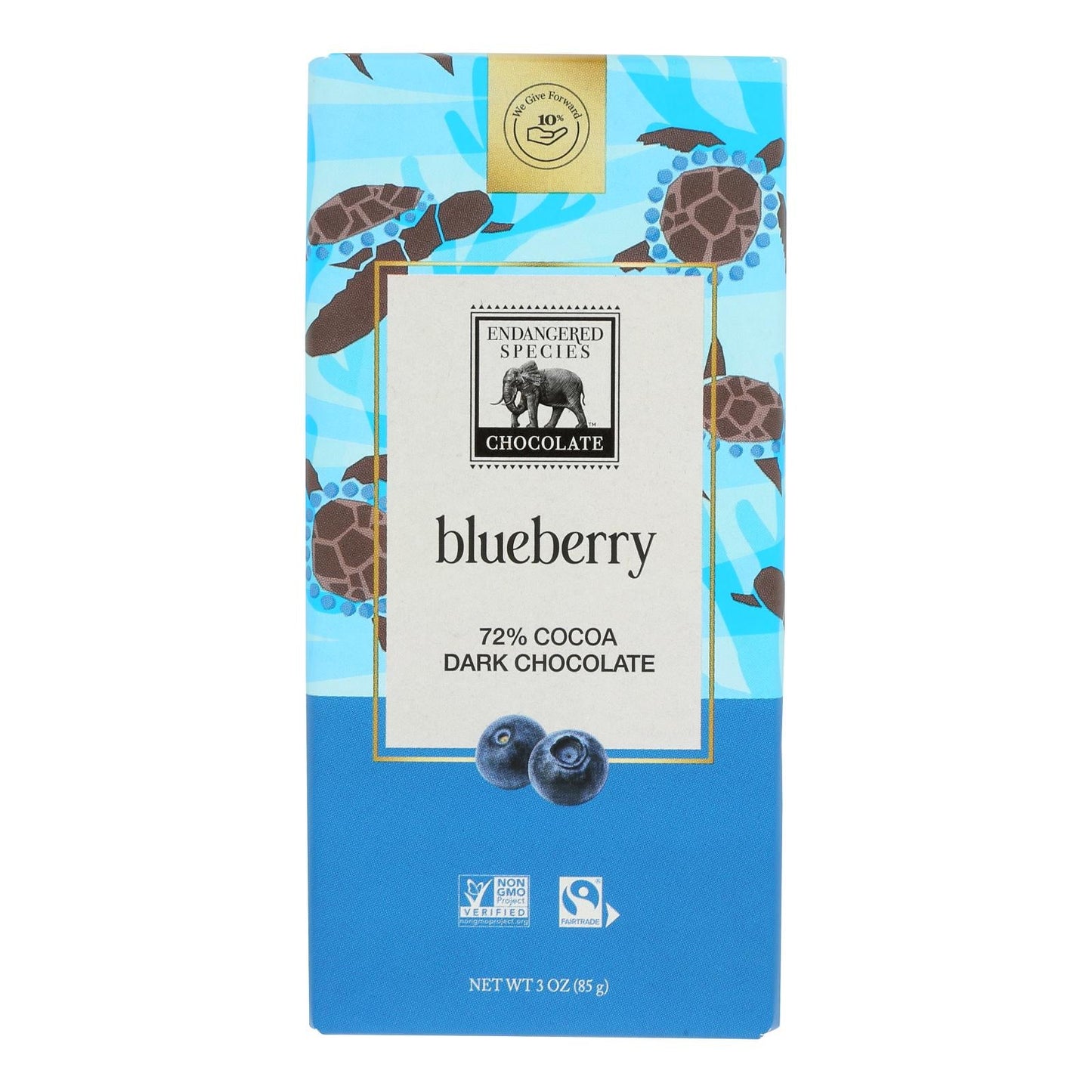 Endangered Species Natural Chocolate Bars - Dark Chocolate 72% Cocoa - Blueberries - 3 Oz Bars - 12 Pack Case