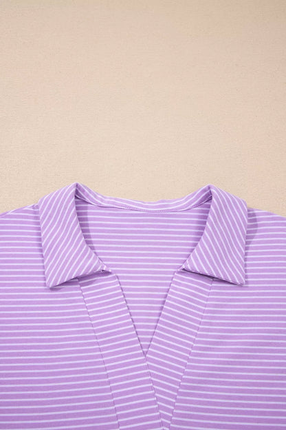 Stripe Dolman Sleeve Polo Shirt and Drawstring Shorts Set
