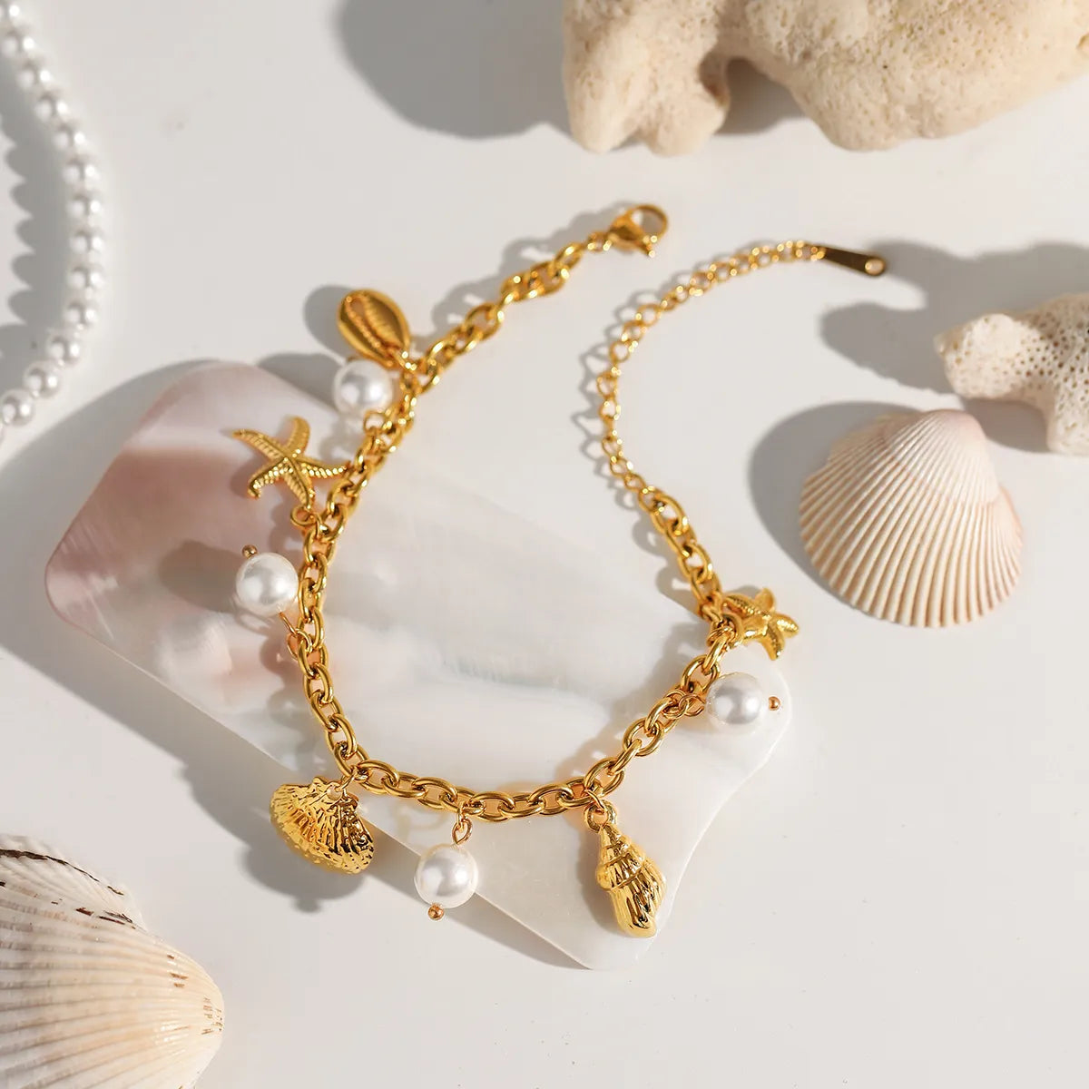 Ocean Theme Stainless Steel Chain Bracelet with Seashell and Starfish Pendants