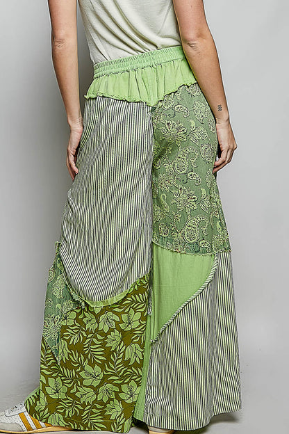POL Striped Floral Patchwork Wide leg Pants with Side Big Star Patch